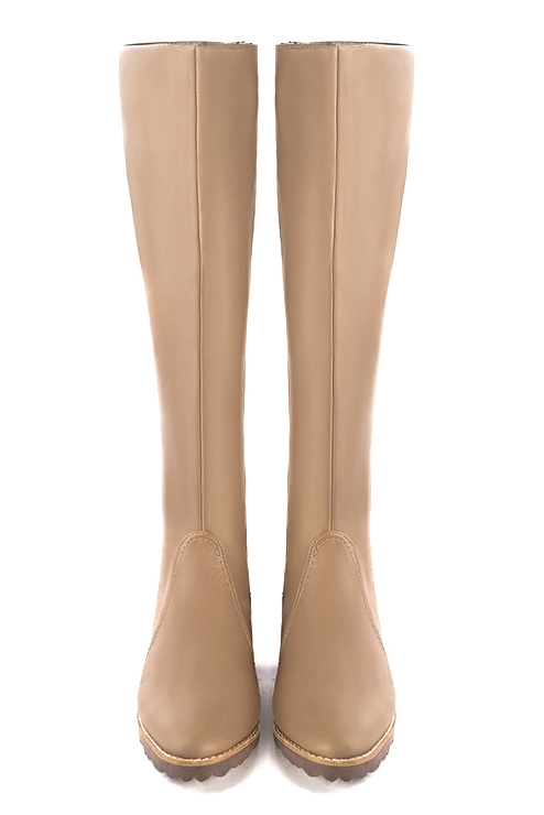 Tan beige women's riding knee-high boots. Round toe. Flat rubber soles. Made to measure. Top view - Florence KOOIJMAN